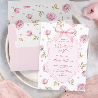 Invitation Pink roses pattern bow birthday