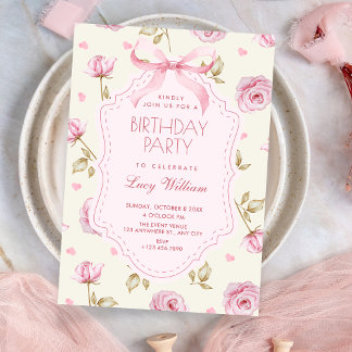 Invitation Pink roses pattern bow birthday
