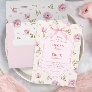 Invitation Pink roses pattern bow wedding
