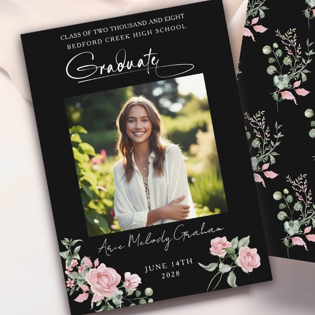 Invitation Pink Roses Script Photo Graduation Announcement (Créateur téléchargé)