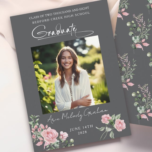Invitation Pink Roses Script Photo Graduation Announcement (Créateur téléchargé)