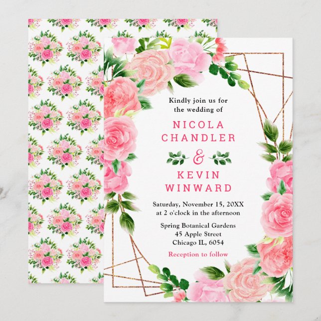 Invitation Pink Roses with Foliage Wedding (Devant / Derrière)