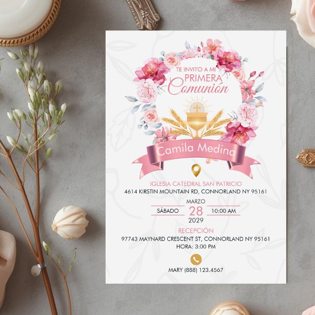 Invitation Pink Roses Wreath with Chalice First Communion (Créateur téléchargé)