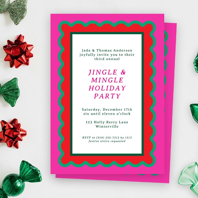 Invitation Pink Rouge Vert rose pâle Noël simple à écharpe (A scalloped holiday party invitation feel preppy, bold and bright in hot pink, red, and green)