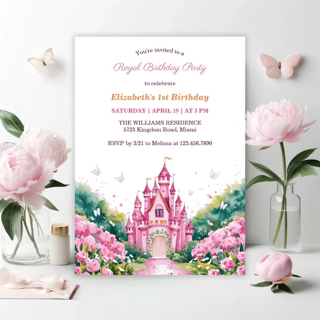 Invitation Pink Royal Princess Castle 1er anniversaire (Pink Royal Princess Castle 1st Birthday Party Invitation)