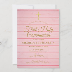 Invitation Pink Rustic Wood Première Communion Intervention