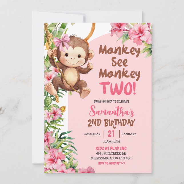 Invitation Pink Safari Monkey See Monkey Two 2nd Birthday (Devant)