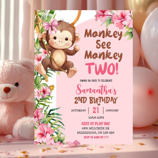 Invitation Pink Safari Monkey See Monkey Two 2nd Birthday (Créateur téléchargé)