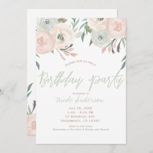 Invitation Pink Sage Mint Vert Floral moderne fête d'annivers