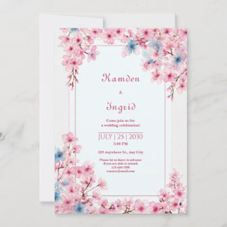 Invitation Pink Sakura Periwinkle Blue Romantic Frame Wedding