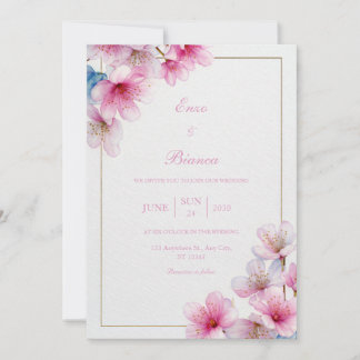 Invitation Pink Sakura Textured Paper Gold Frame Wedding