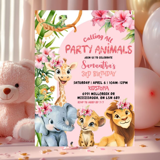 Invitation Pink Savannah Calling All Party Animals Birthday (Créateur téléchargé)