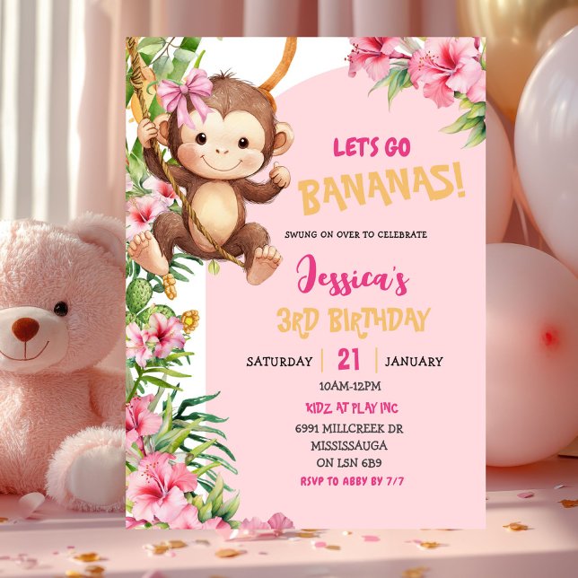 Invitation Pink Savannah Monkey Let's Go Bananas Birthday (Créateur téléchargé)