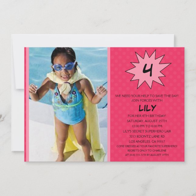 Invitation Pink Save the Day Superhero Photo Party Birthday (Devant)