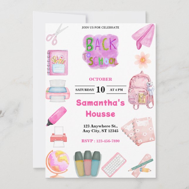 Invitation Pink School tools girl Birthday (Devant)