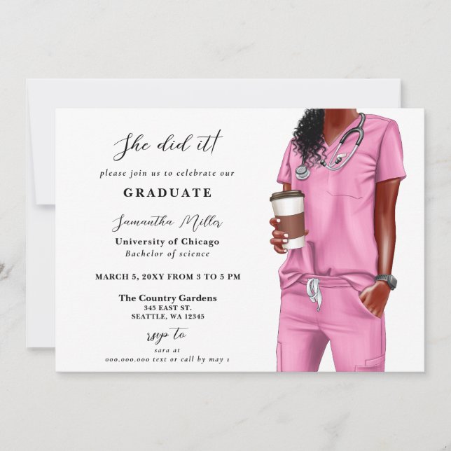Invitation Pink Scrubs Nurse Photo Elle L'A Fait Graduation (Devant)