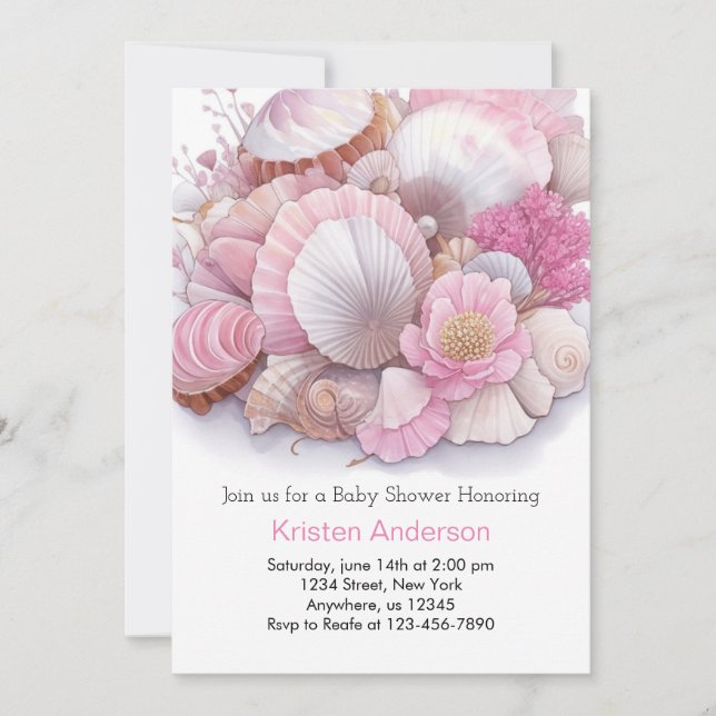 Invitation Pink Sea Shell Whimsical Bliss Baby shower fille (Devant)