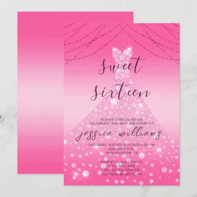 Invitation Pink Sequin Ball Gown & Lights Sweet 16 Anniversai (Devant / Derrière)