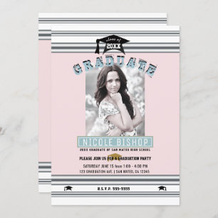 Invitation Pink Silver Blue Elegant Photo Graduation Party