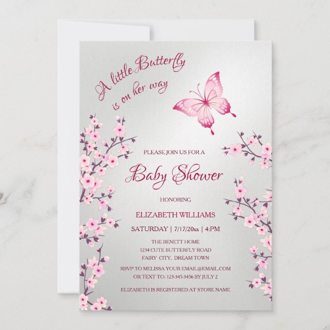 Invitation Pink Silver Butterfly | Girl Baby Shower  (Devant)