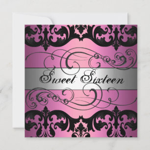 Invitation Pink & Silver Damask Sweet 16 Anniversaire Invitat