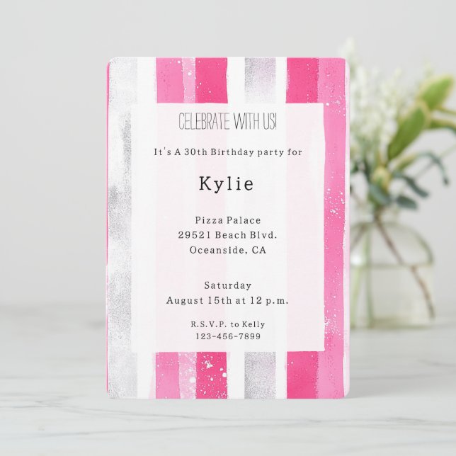 Invitation Pink Silver Glam Stripes Anniversaire (Debout devant)