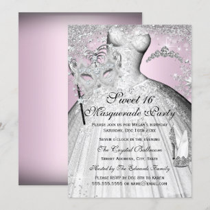 Invitation Pink Silver Princess Masquerade Sweet 16 Invitatio