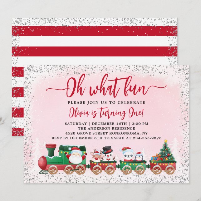 Invitation Pink Silver Santa Claus train de Noël Anniversaire (Devant / Derrière)