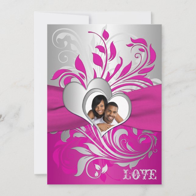 Invitation Pink, Silver Scrolls, Hearts Photo Wedding Invitat (Devant)