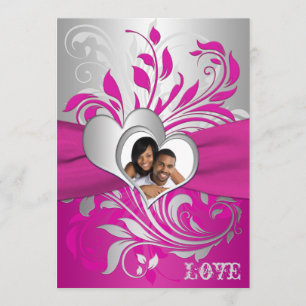 Invitation Pink, Silver Scrolls, Hearts Photo Wedding Invitat