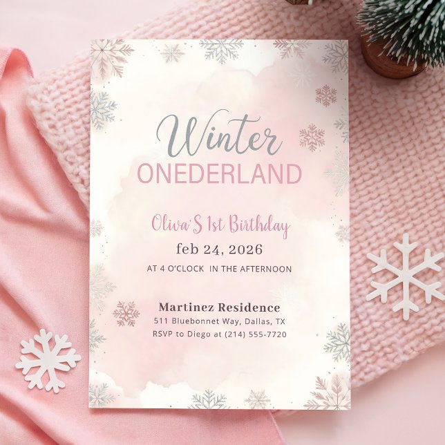 Invitation Pink Silver Snowflake Winter Girl First Birthday (Créateur téléchargé)