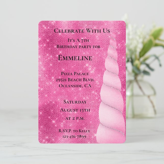Invitation Pink Silver Sparkle Glam Unicorn Anniversaire (Debout devant)