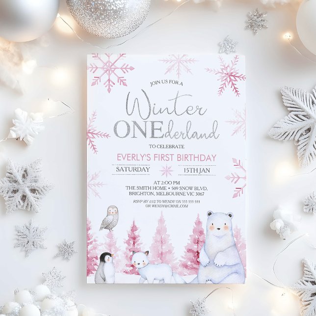 Invitation Pink Silver Winter Animals Onederland Birthday (Winter Onederland Birthday Invitations Girl, Arctic Animals Winter Onederland Invitation, Pink )