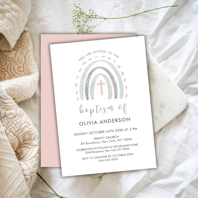 Invitation Pink Simple Boho Rainbow Cross Girl Baptism (Pink Simple Boho Rainbow Cross Girl Baptism Invitation)