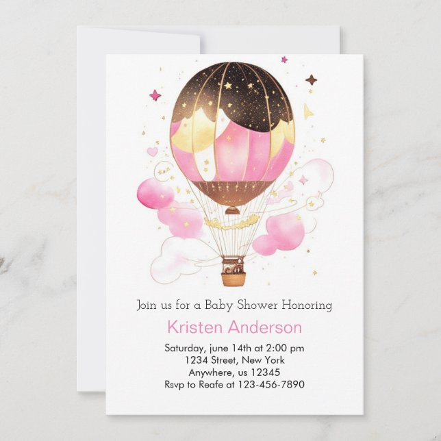 Invitation Pink Sky Balloon Adventure Girl Baby shower (Devant)