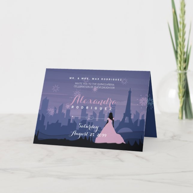 Invitation Pink & Slate Blue Paris Fireworks Quinceañera (Devant)