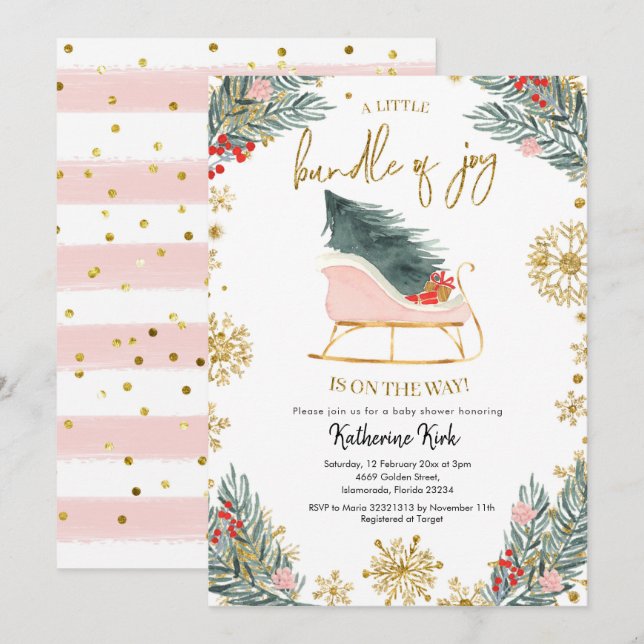 Invitation Pink Sleigh Baby shower Petit paquet de joie (Devant / Derrière)