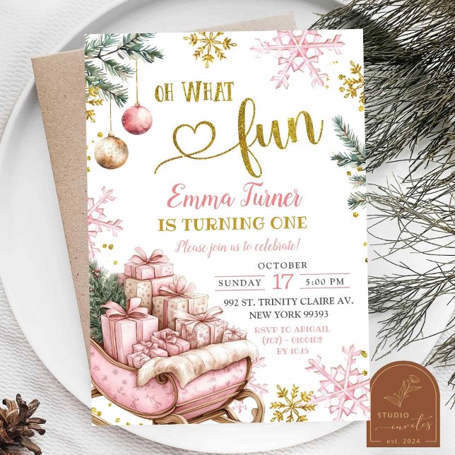 Invitation Pink Sleigh Hiver Premier anniversaire (Créateur téléchargé)