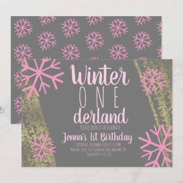 Invitation Pink Snowflake Script premier anniversaire (Devant / Derrière)