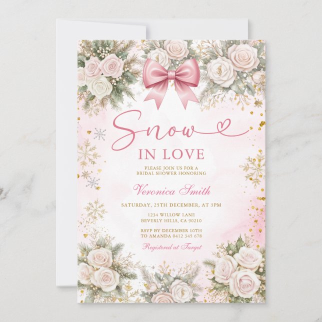 Invitation Pink Snowflake Snow in Love Winter Bridal Shower (Devant)