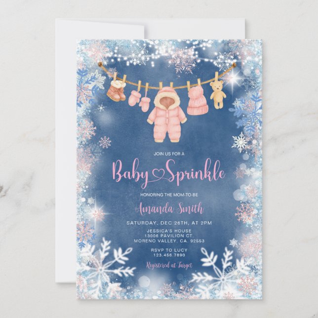 Invitation Pink Snowflakes Blue Winter Girl Baby Sprinkle (Devant)