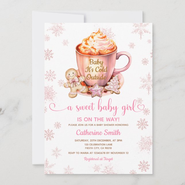 Invitation Pink Snowflakes Gingerbread Christmas Baby Shower (Devant)