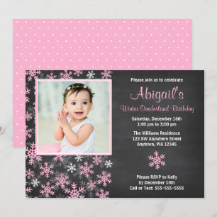 Invitation Pink Snowflakes Winter Onederland Chalkboard Photo