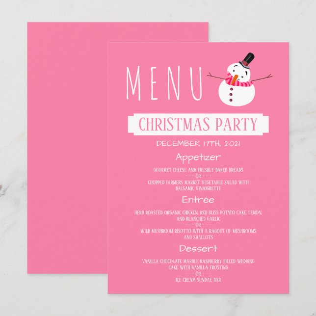 Invitation Pink Snowman, Menu de fête de Noël (Devant / Derrière)