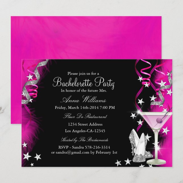 Invitation Pink Sparkle Heels & Cocktail Bachelorette Party 2 (Devant / Derrière)