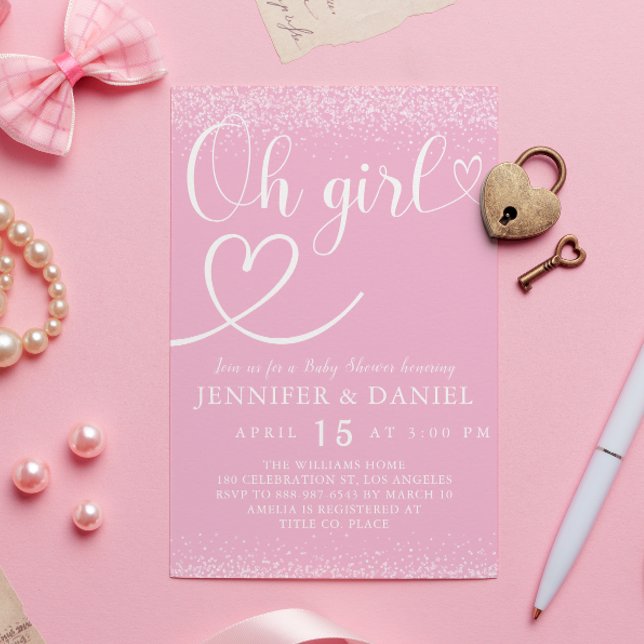 Invitation Pink Sparkle Oh Girl Script Heart Cute (Créateur téléchargé)