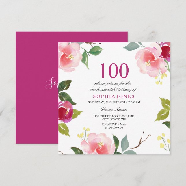 Invitation Pink Spring Floral 100e Anniversaire Fête Invitati (Devant / Derrière)