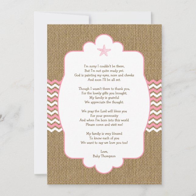 Invitation Pink Starfish fille baby shower merci notes (Devant)