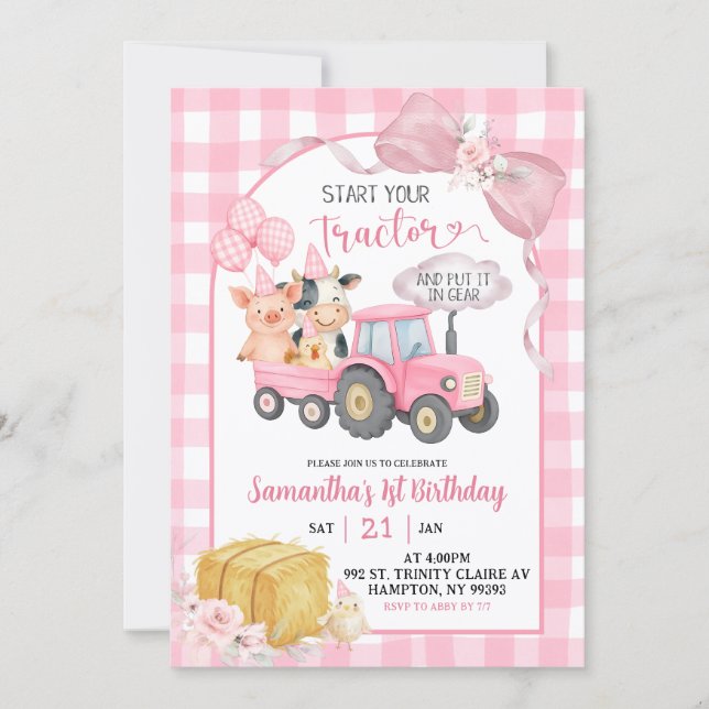 Invitation Pink Start Your Tractor Farm Animals Birthday (Devant)