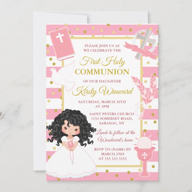 Invitation Pink Stripe Black Hair Girl Première Sainte Commun (Devant)